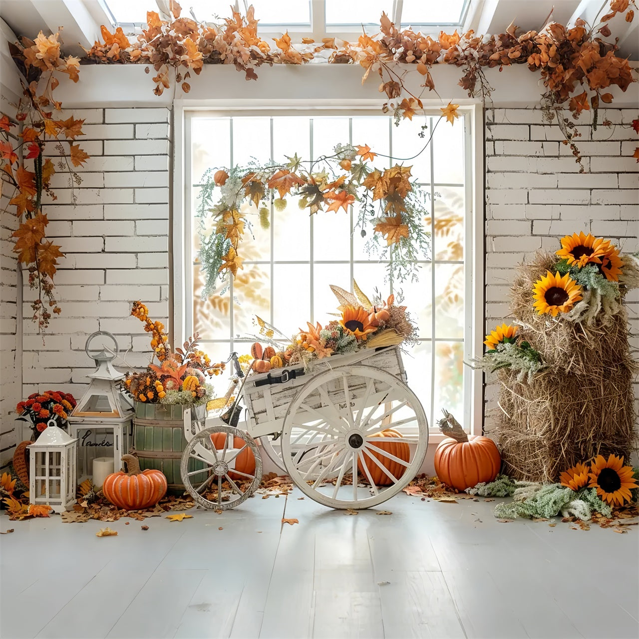 Toile de fond de tricycle avec citrouilles, paille et feuilles d'érable d'automne BRP7-163