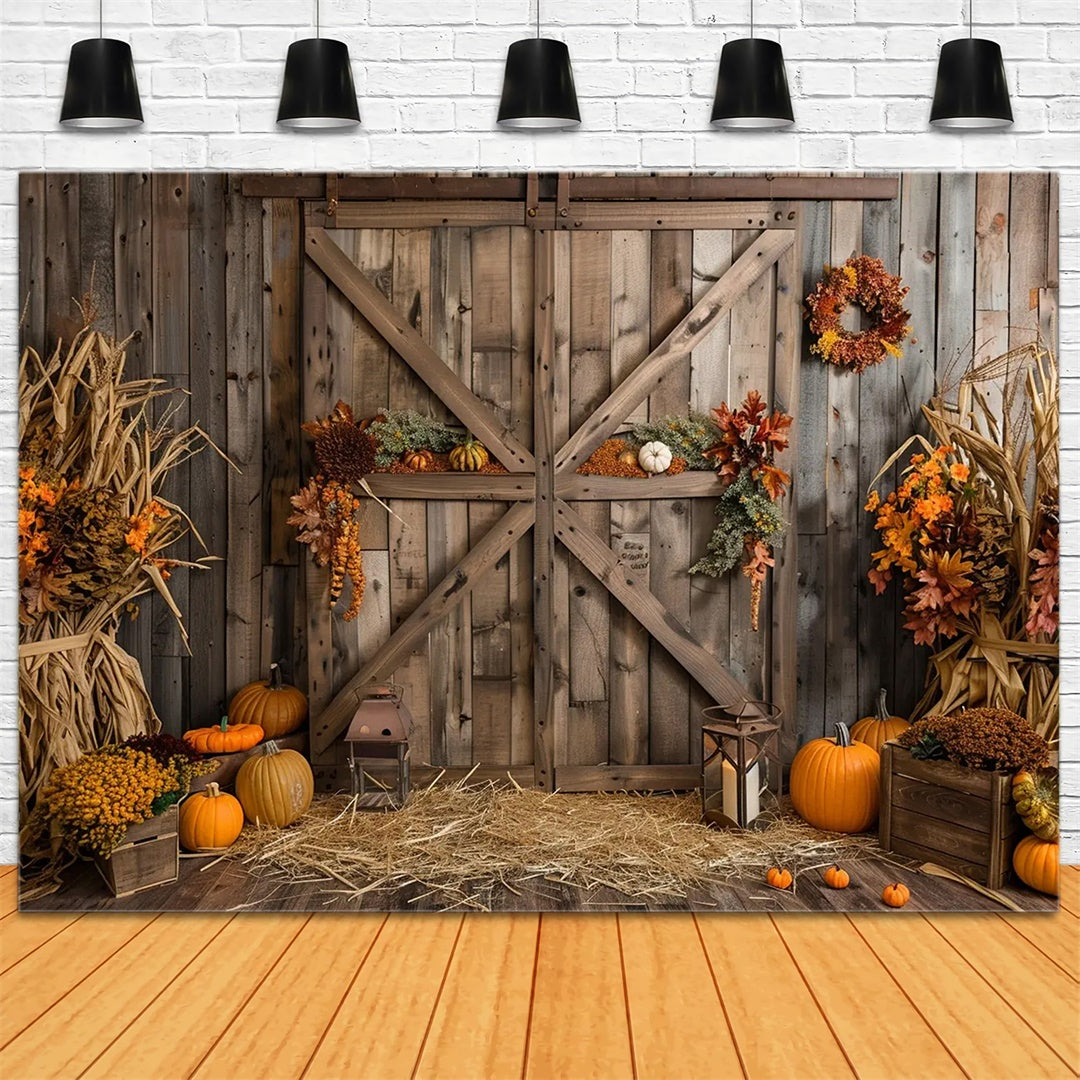 Toile de fond de porte de grange en bois brun avec citrouilles d'automne BRP7-164