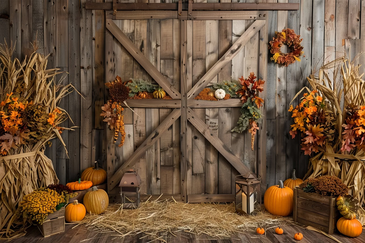 Toile de fond de porte de grange en bois brun avec citrouilles d'automne BRP7-164