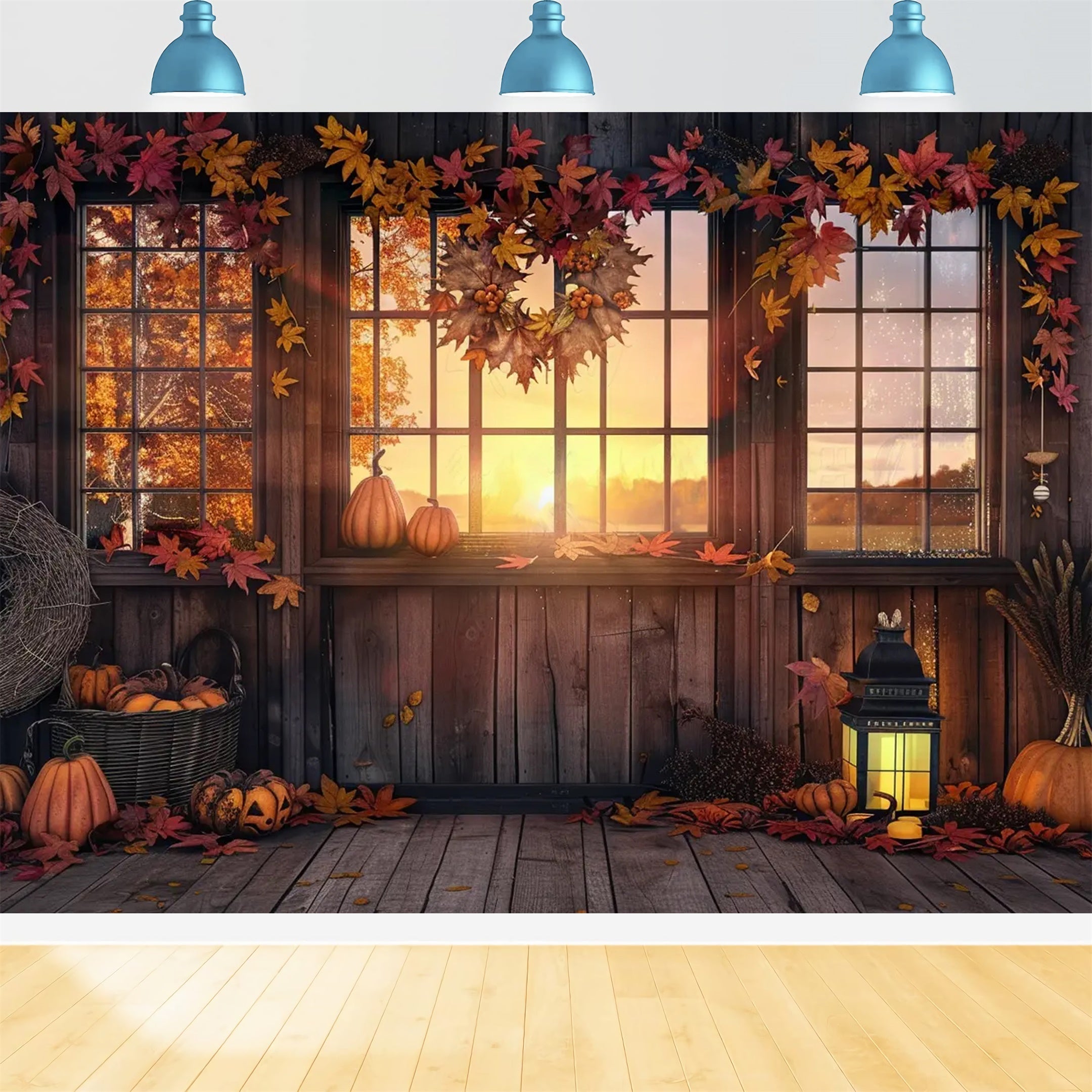 Toile de fond de ferme au coucher du soleil Maison Feuilles de citrouilles d'automne BRP7-166