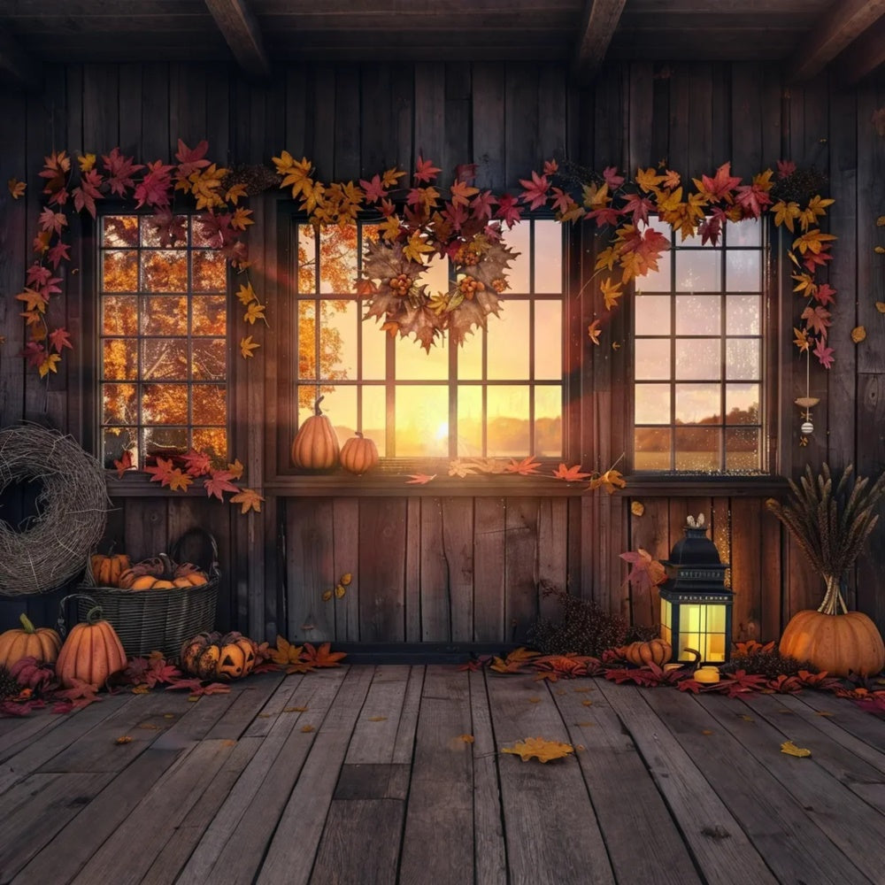 Toile de fond de ferme au coucher du soleil Maison Feuilles de citrouilles d'automne BRP7-166