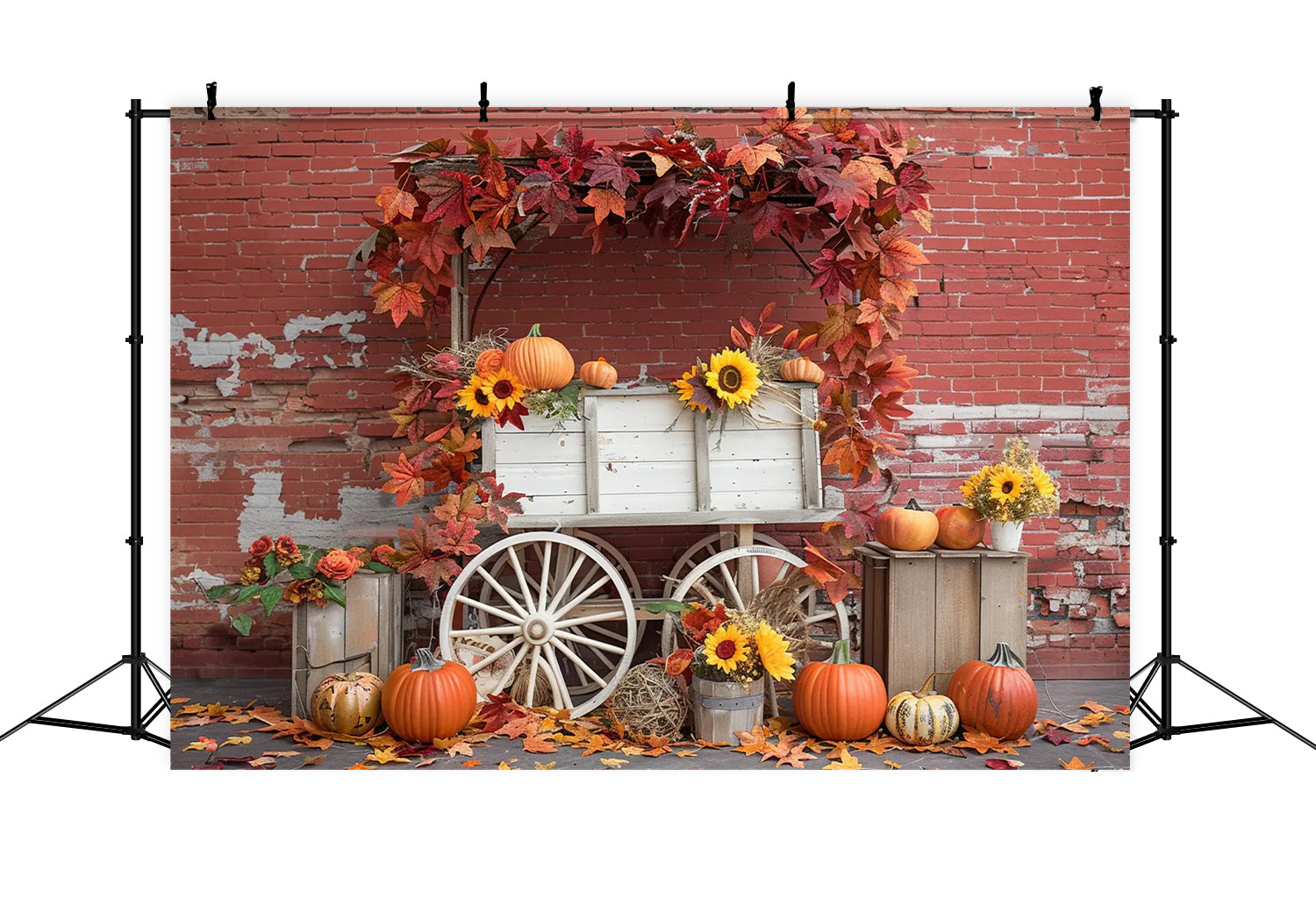 Toile de fond de mur en briques avec stand de citrouilles en ruine d'automne BRP7-167