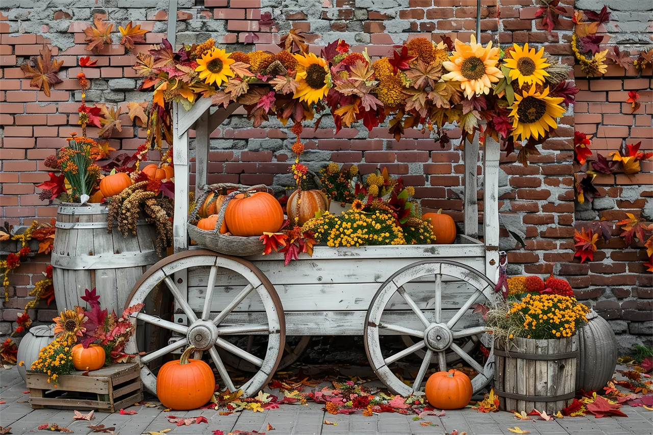 Toile de fond de mur en briques avec stand de citrouilles et tournesols d'automne BRP7-168