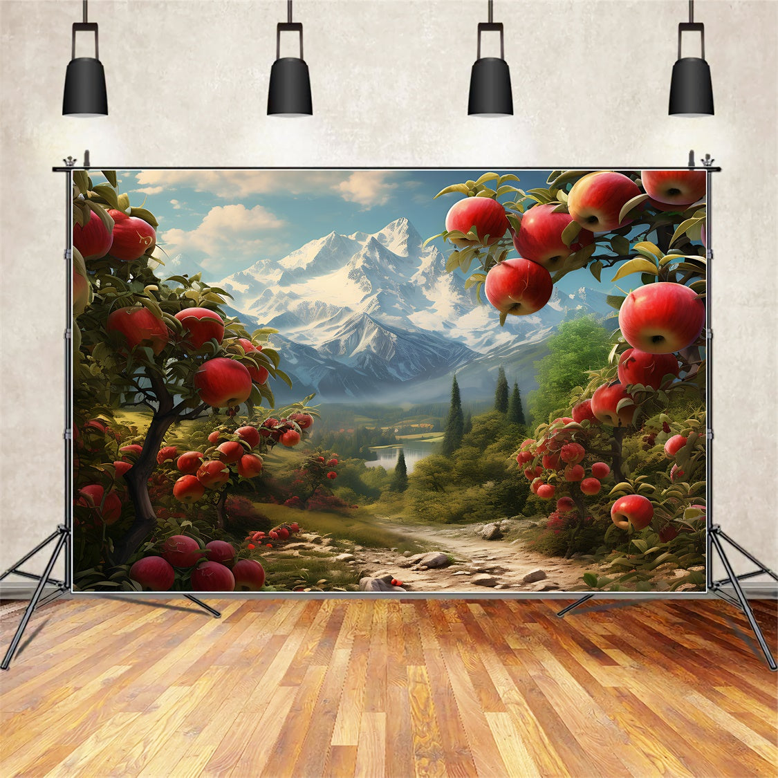 Toile de fond d'arbre de pommier rouge dans la prairie montagneuse d'automne BRP7-64