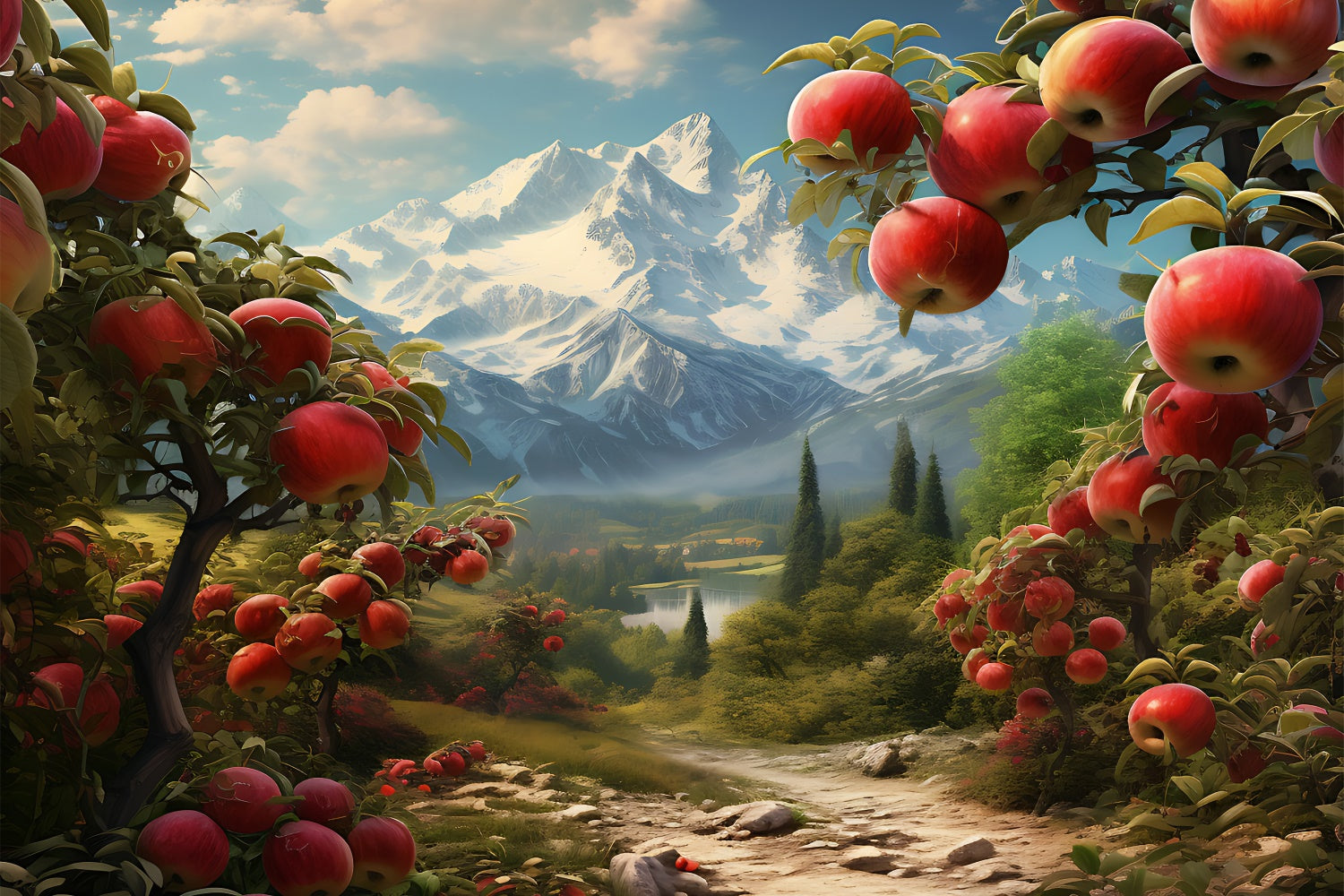 Toile de fond d'arbre de pommier rouge dans la prairie montagneuse d'automne BRP7-64
