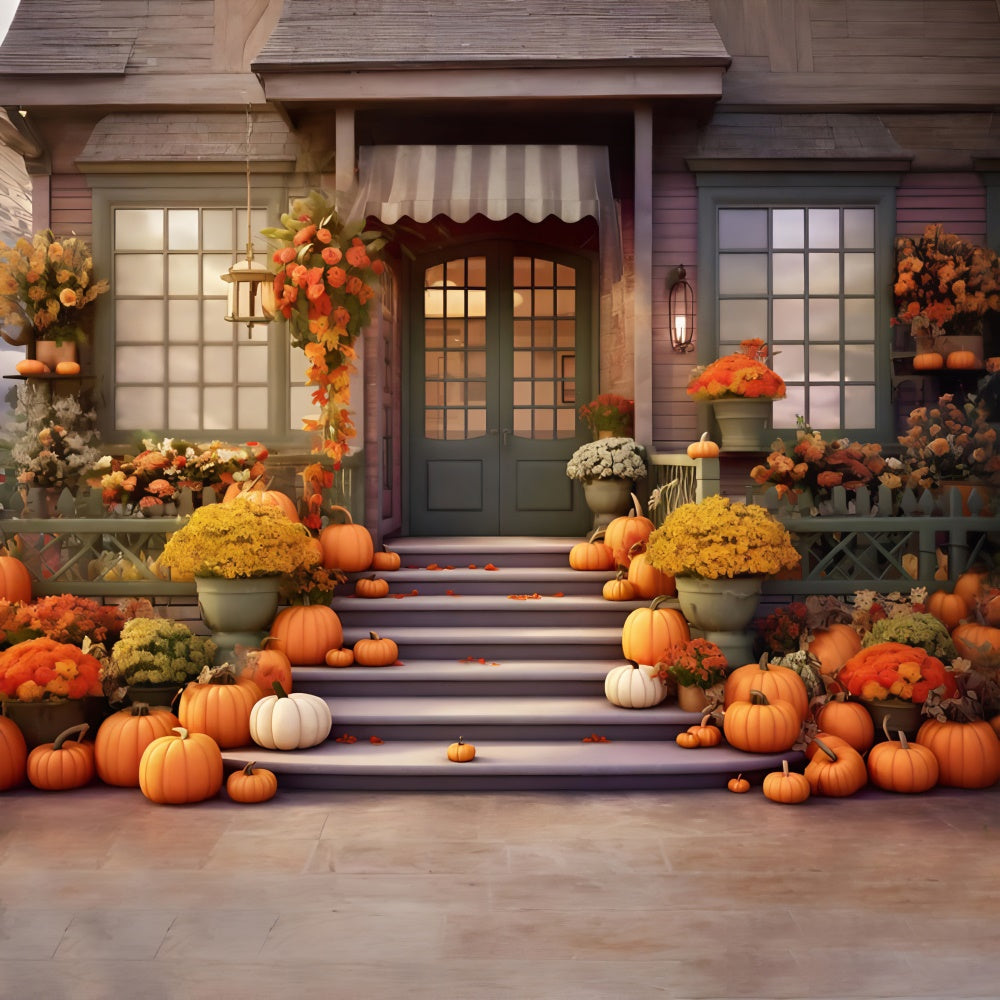 Toile de fond de magasin de citrouilles avec porte verte en automne BRP7-77