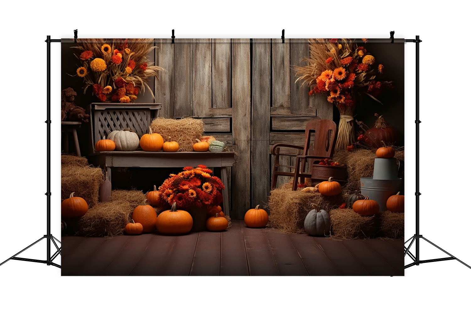 Toile de fond de grange avec citrouilles et porte en bois d'automne BRP7-78