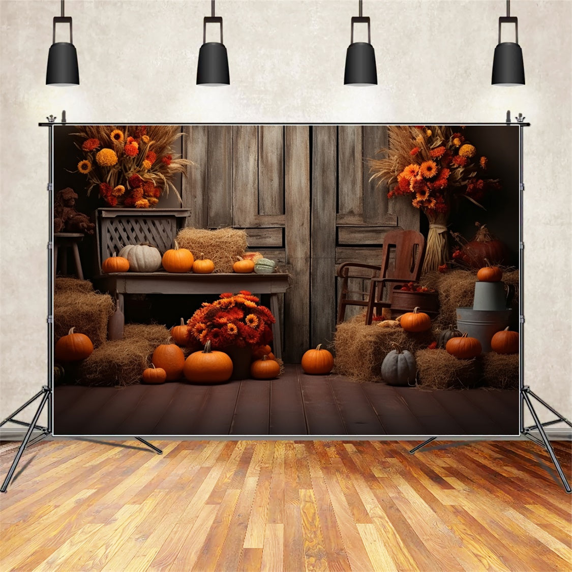 Toile de fond de grange avec citrouilles et porte en bois d'automne BRP7-78