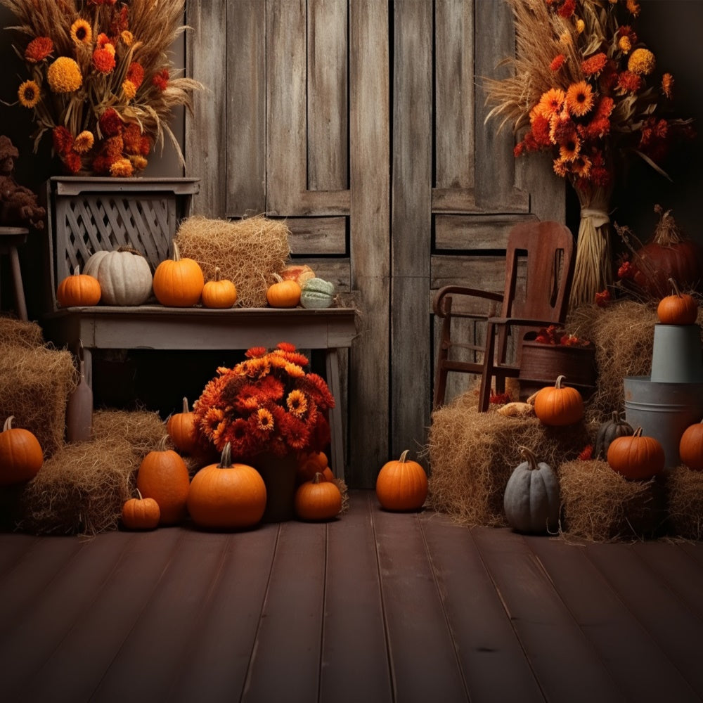 Toile de fond de grange avec citrouilles et porte en bois d'automne BRP7-78