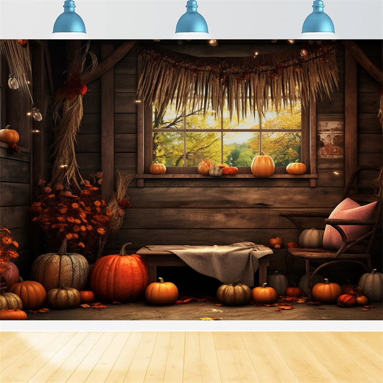 Toile de fond de grange avec citrouilles et fenêtre d'automne BRP7-81