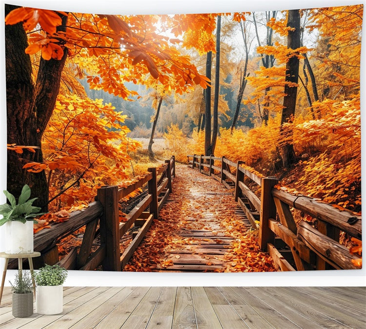 Toile de fond de pont en bois brun avec érable rouge d'automne BRP7-83