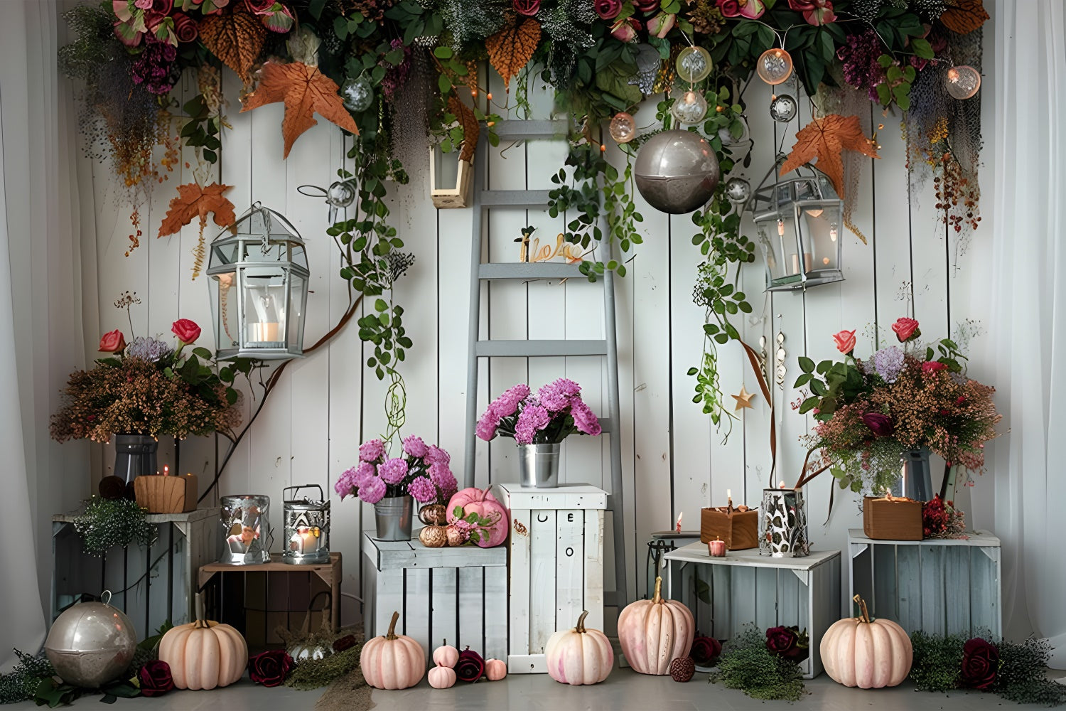 Toile de fond de citrouilles avec fleurs et lumières d'automne BRP7-87