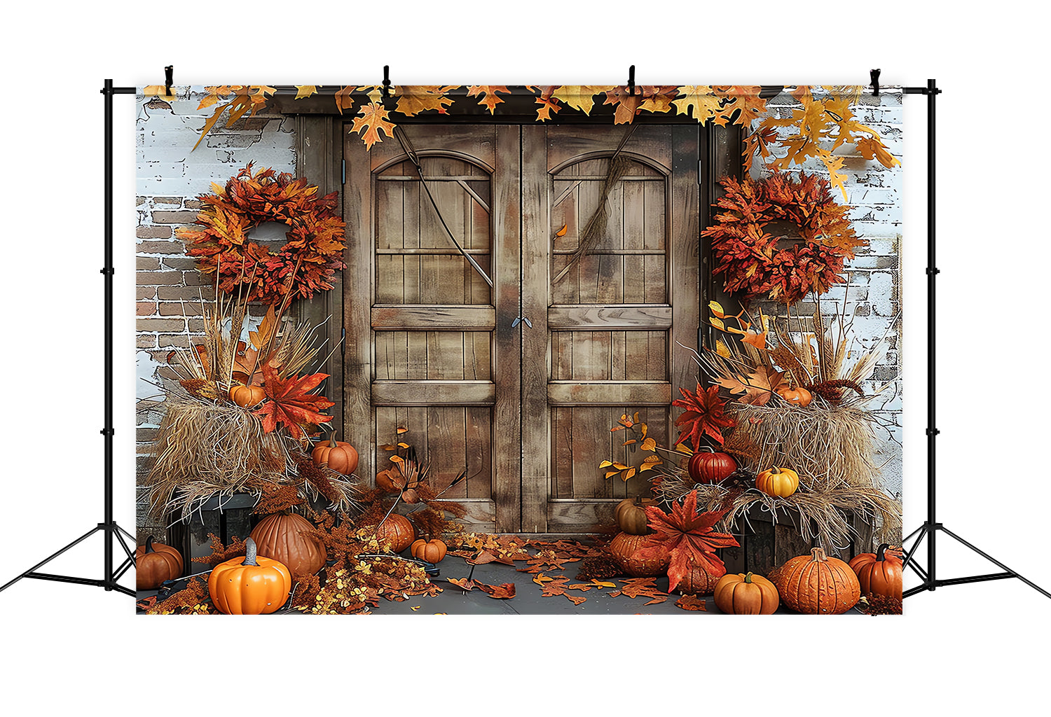 Toile de fond de porte de grange en briques avec citrouilles d'automne BRP7-96