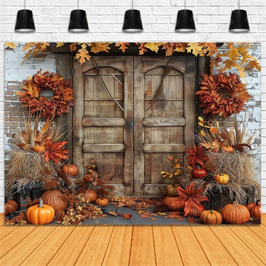 Toile de fond de porte de grange en briques avec citrouilles d'automne BRP7-96