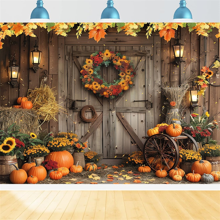 Toile de fond de porte de grange avec couronne et citrouilles d'automne BRP7-97