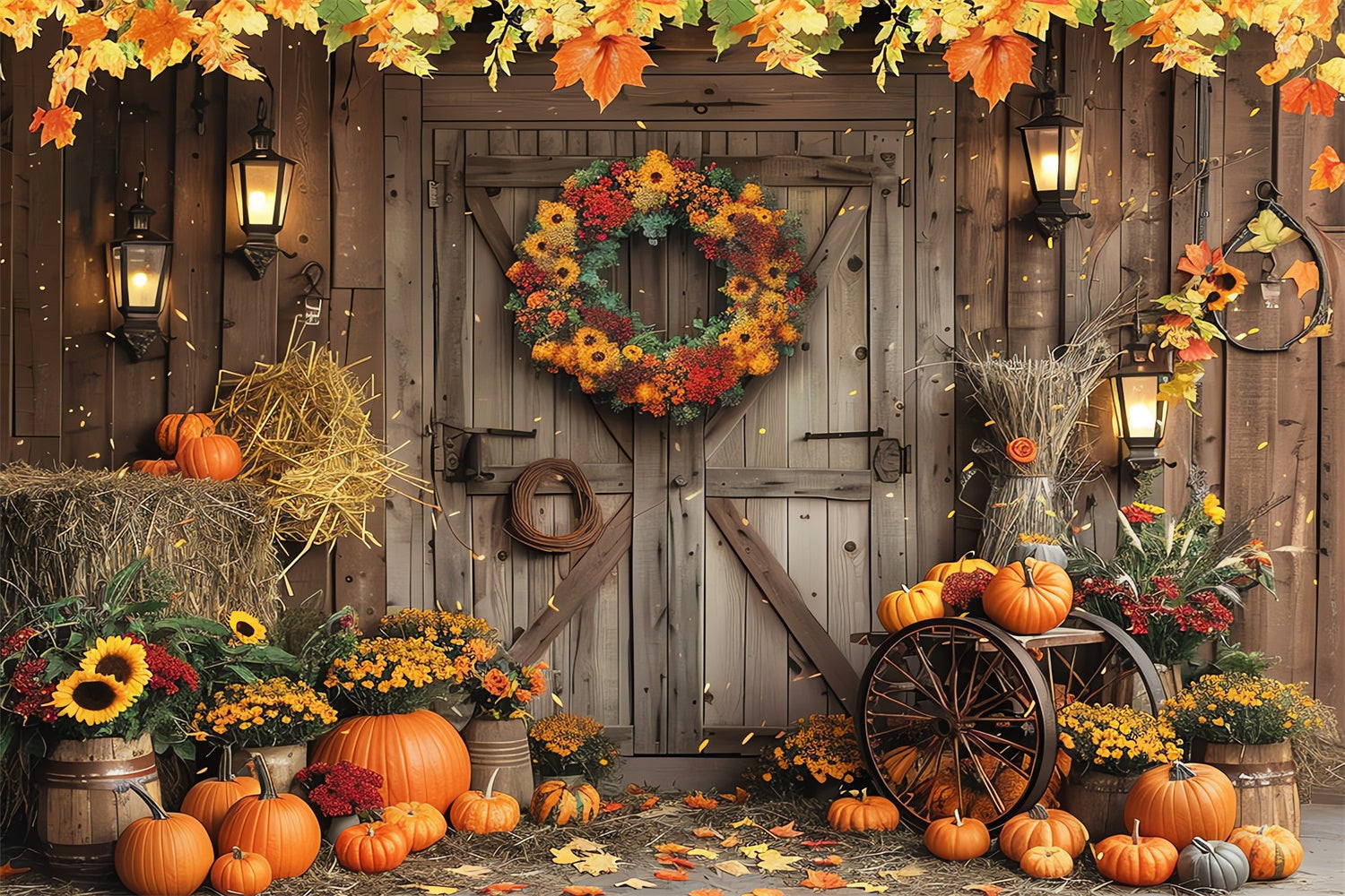 Toile de fond de porte de grange avec couronne et citrouilles d'automne BRP7-97