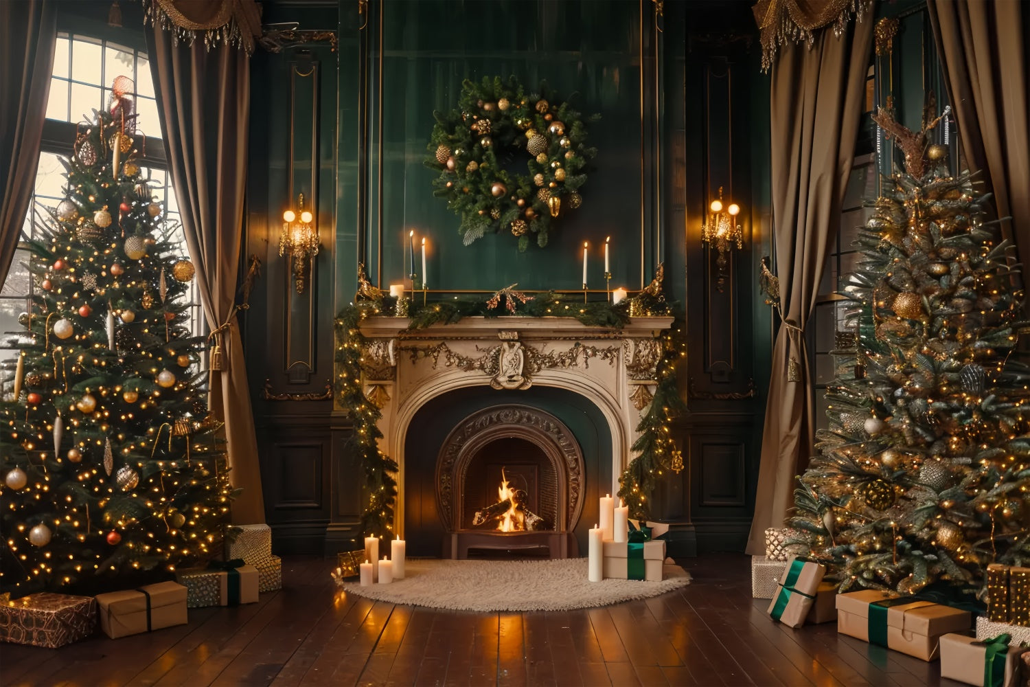 Toile de fond de Cheminée Illuminée par des Bougies de Noël BRP8-14