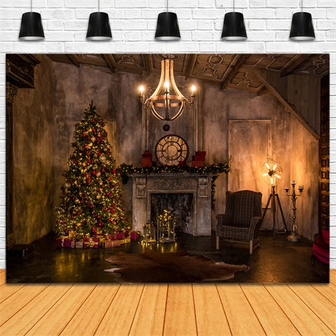 Toile de Fond Arbre de Noël et Cheminée dans une Pièce Vintage BRP8-150