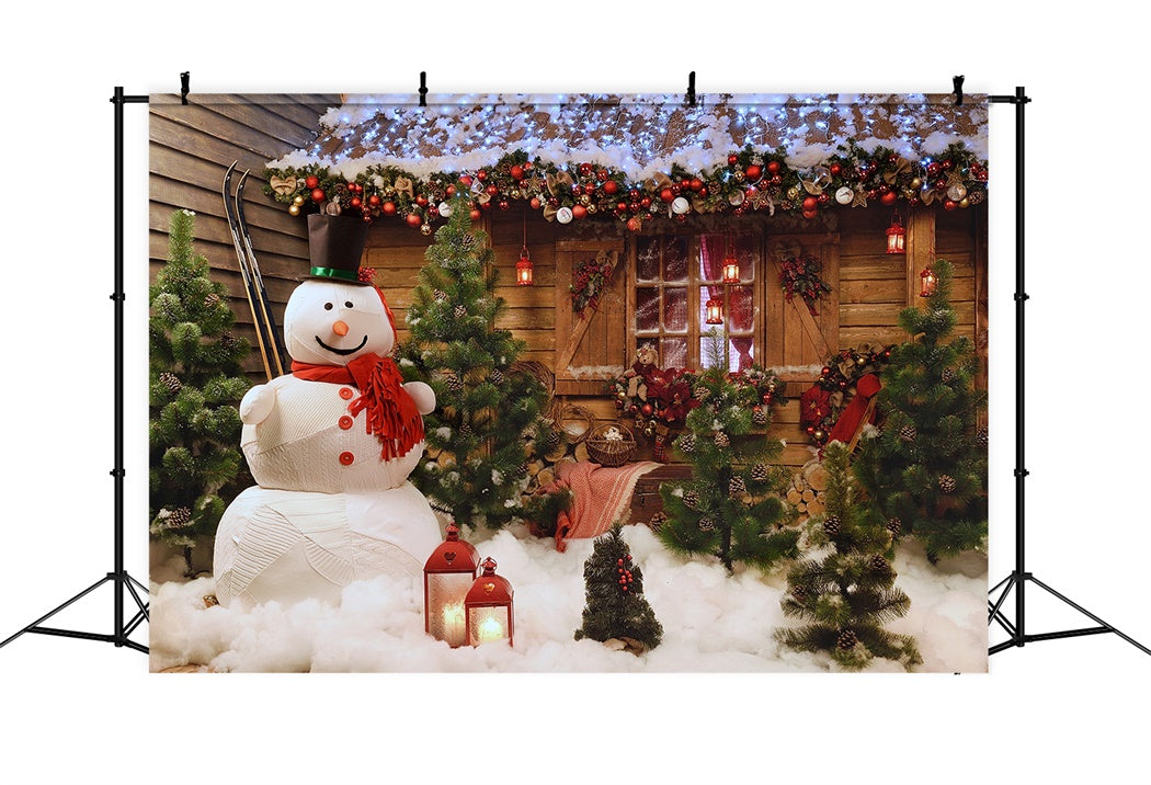 Toile de Fond Chalet Rustique avec Bonhomme de Neige de Noël BRP8-152