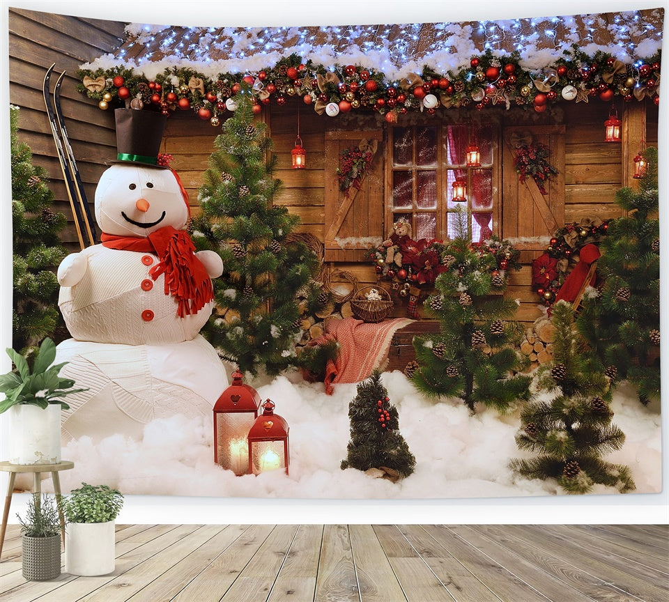 Toile de Fond Chalet Rustique avec Bonhomme de Neige de Noël BRP8-152