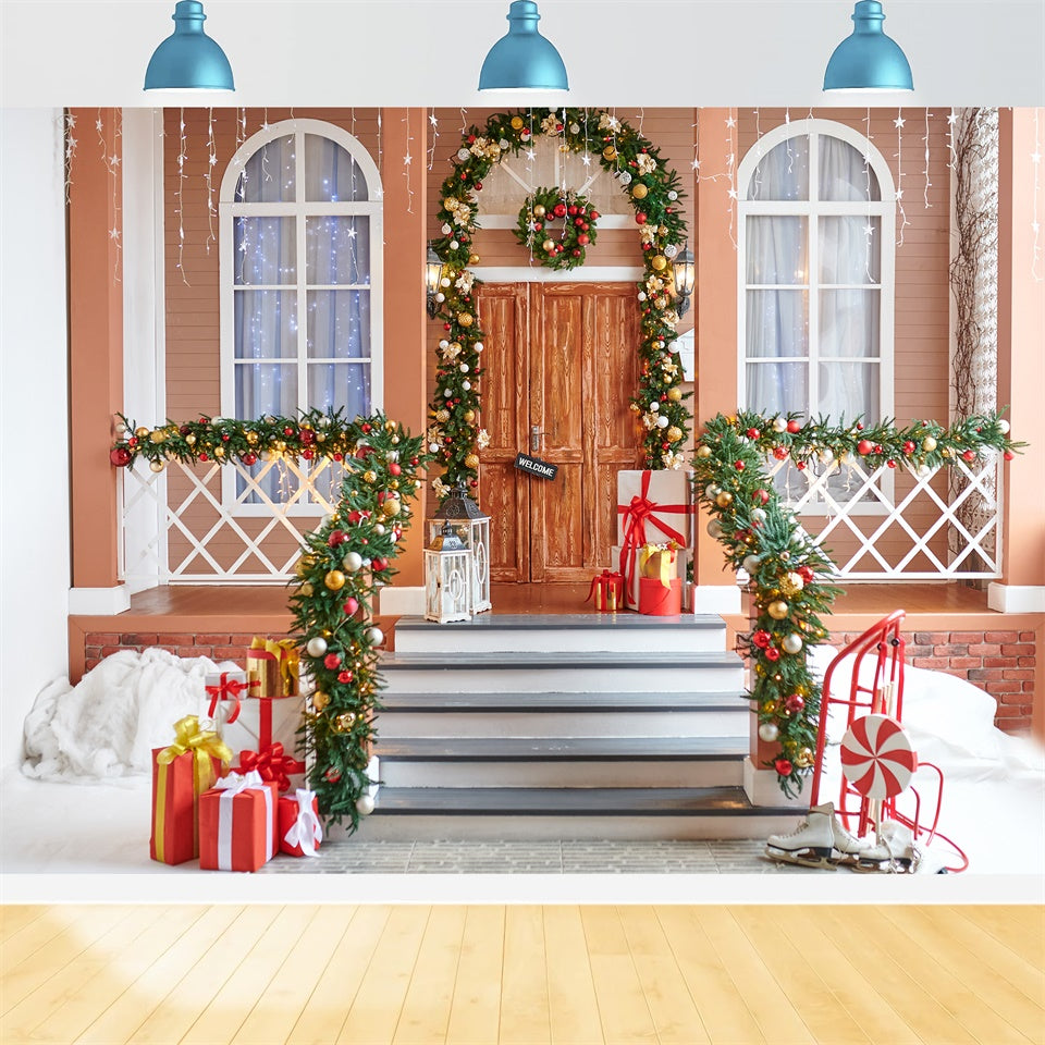 Toile de Fond Porche avec Couronne et Cadeaux de Noël BRP8-157