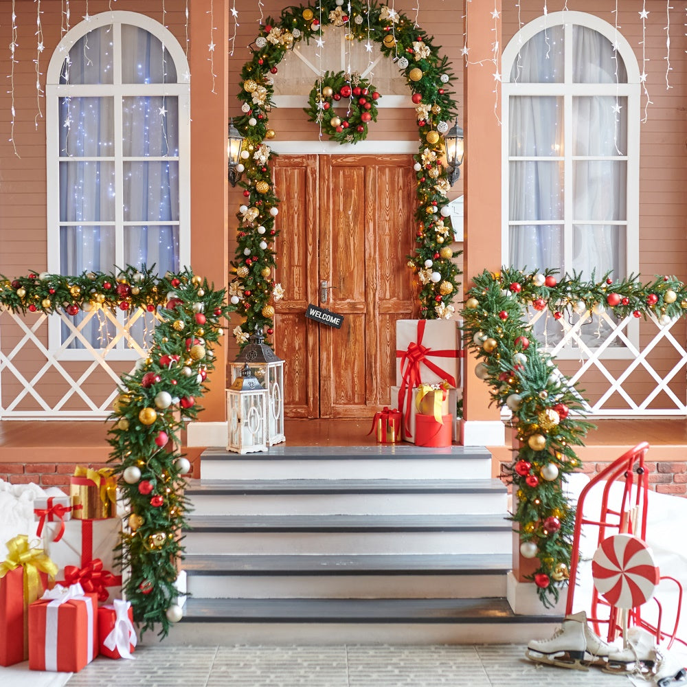 Toile de Fond Porche avec Couronne et Cadeaux de Noël BRP8-157