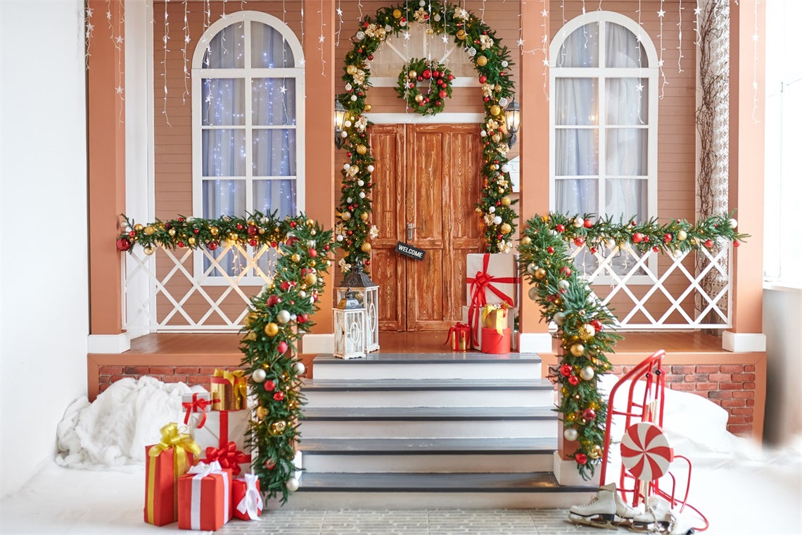 Toile de Fond Porche avec Couronne et Cadeaux de Noël BRP8-157