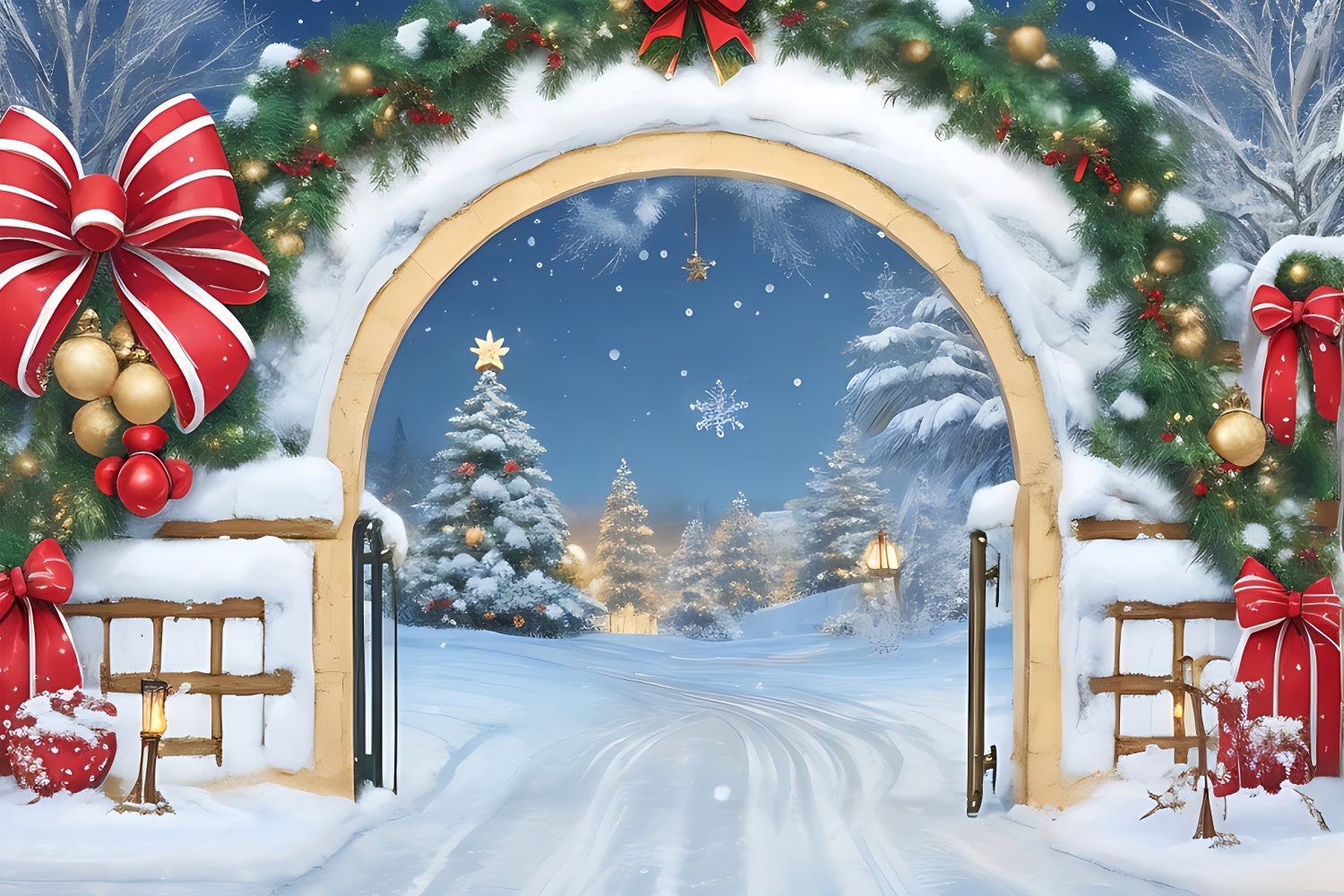 Toile de Fond Sentier Enneigé avec Arche de Noël BRP8-162