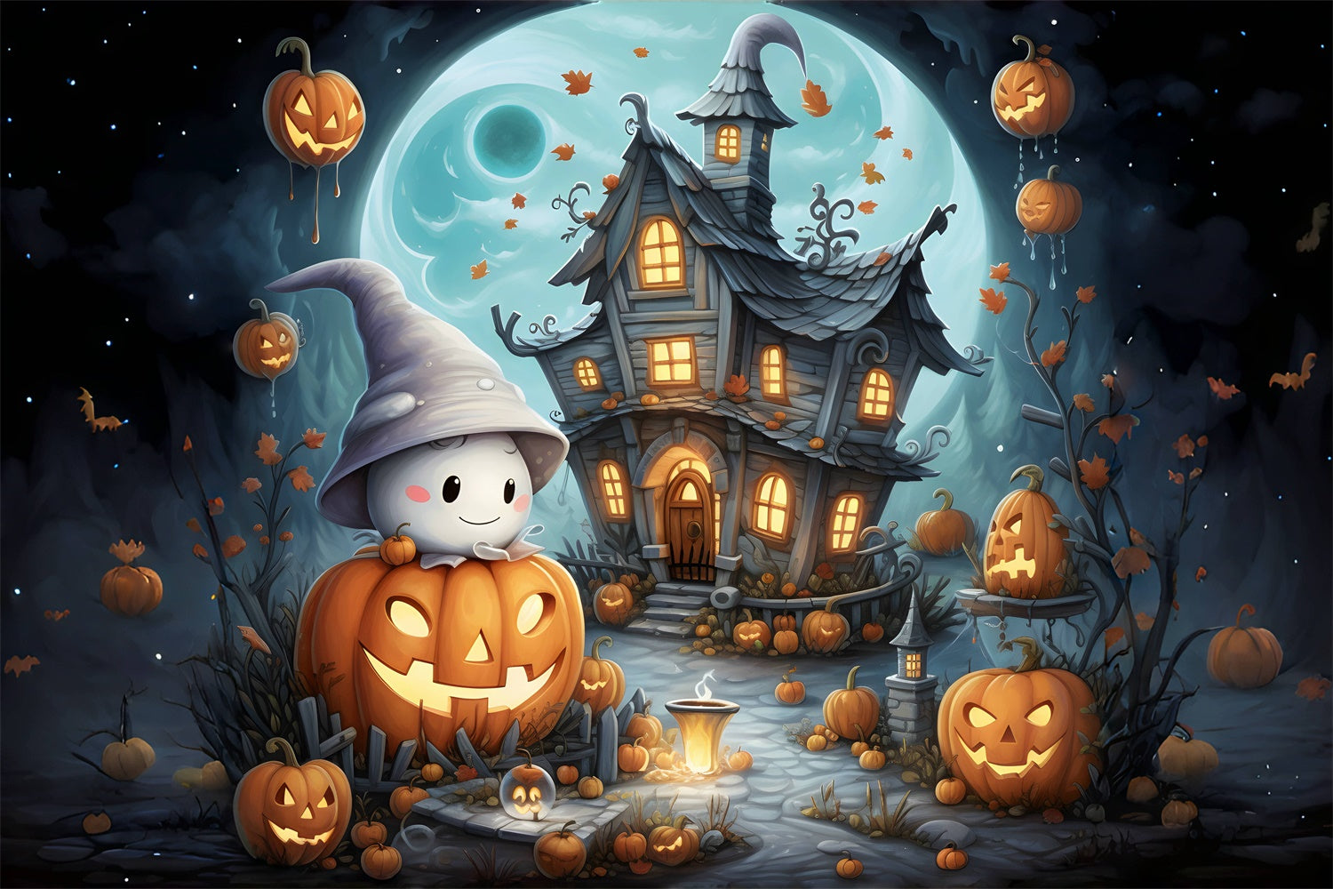 Toile de fond Fantôme doux et mignon cottage Halloween BRP8-209