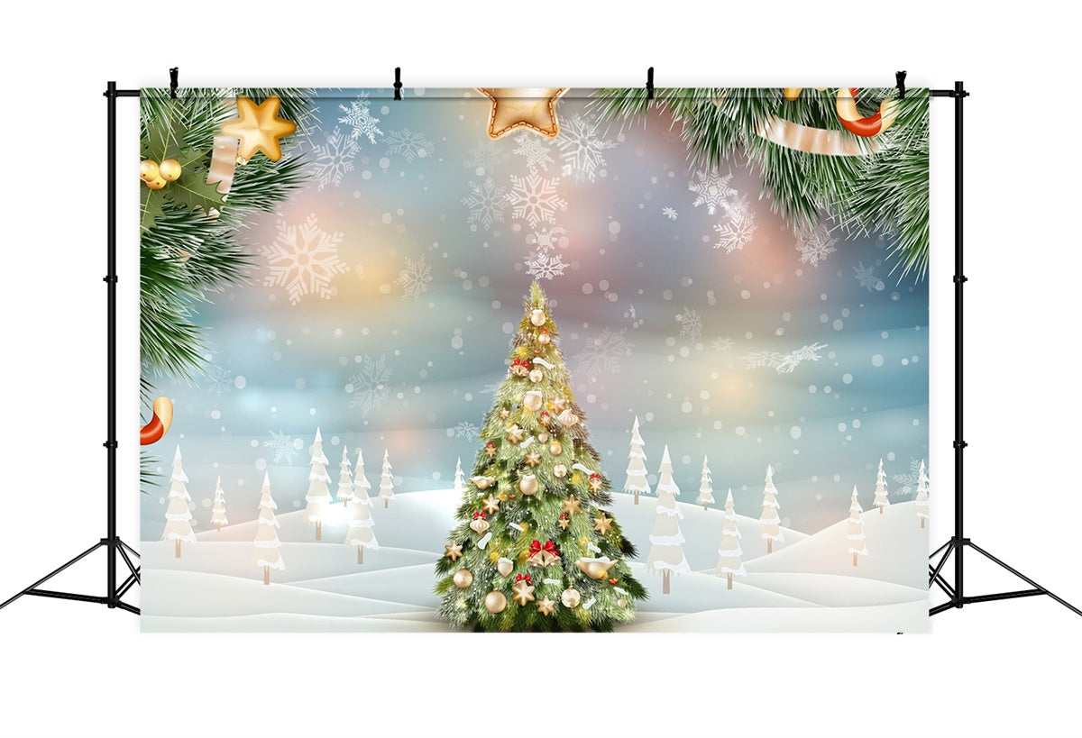 Toile de fond Sapin de Noël avec étoiles dorées et flocons de neige BRP8-300
