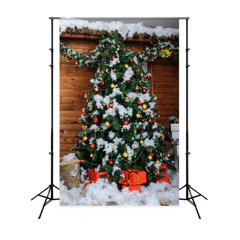 Toile de fond Sapin de Noël enneigé devant cabane en bois BRP8-306