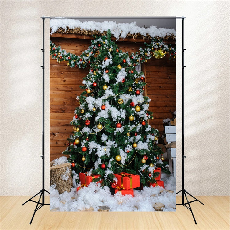 Toile de fond Sapin de Noël enneigé devant cabane en bois BRP8-306