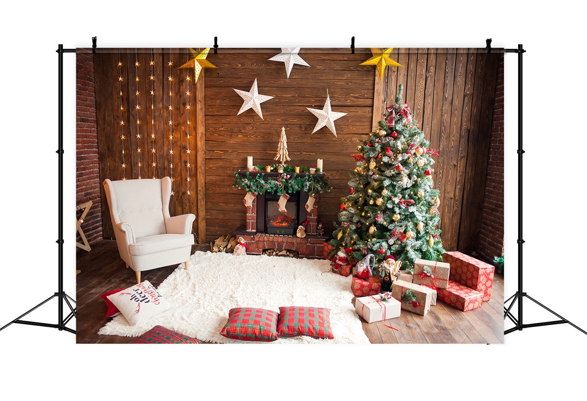 Toile de fond Salle avec sapin de Noël et décorations d'étoiles BRP8-317