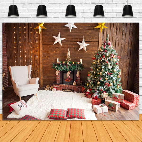 Toile de fond Salle avec sapin de Noël et décorations d'étoiles BRP8-317