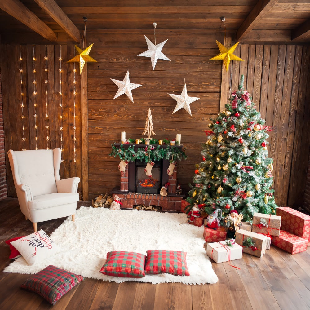 Toile de fond Salle avec sapin de Noël et décorations d'étoiles BRP8-317