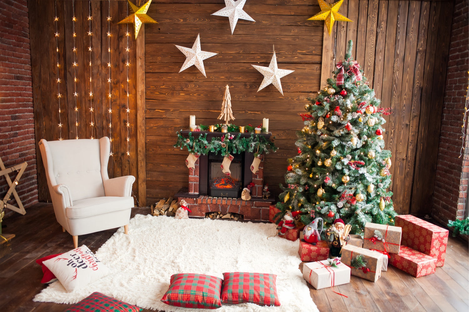 Toile de fond Salle avec sapin de Noël et décorations d'étoiles BRP8-317
