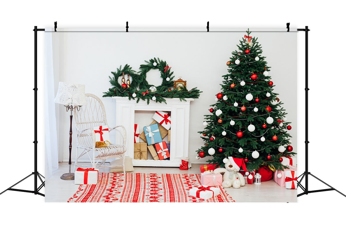 Toile de fond Salle de Noël avec sapin et chaise en osier blanc BRP8-323