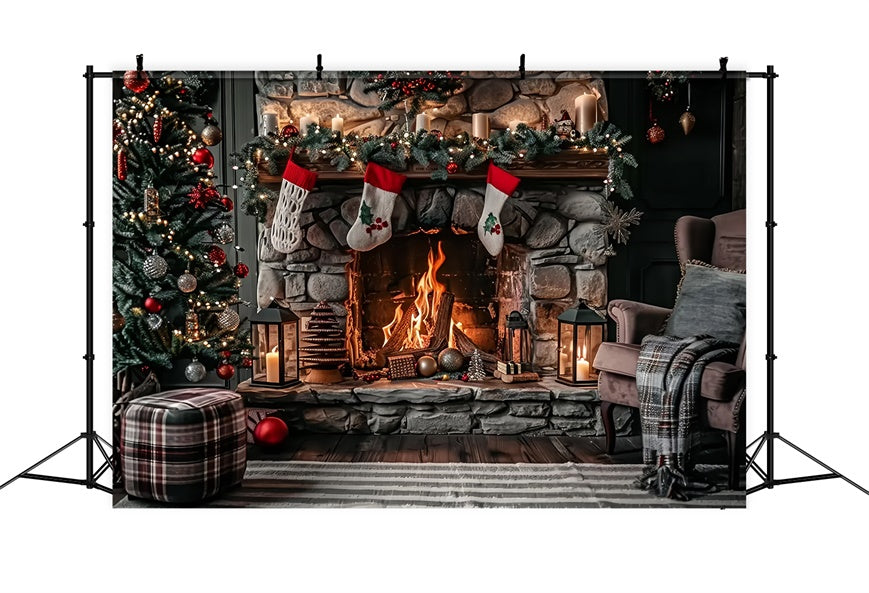 Toile de Fond Cheminée Rustique en Pierre avec Chaussettes de Noël BRP8-39