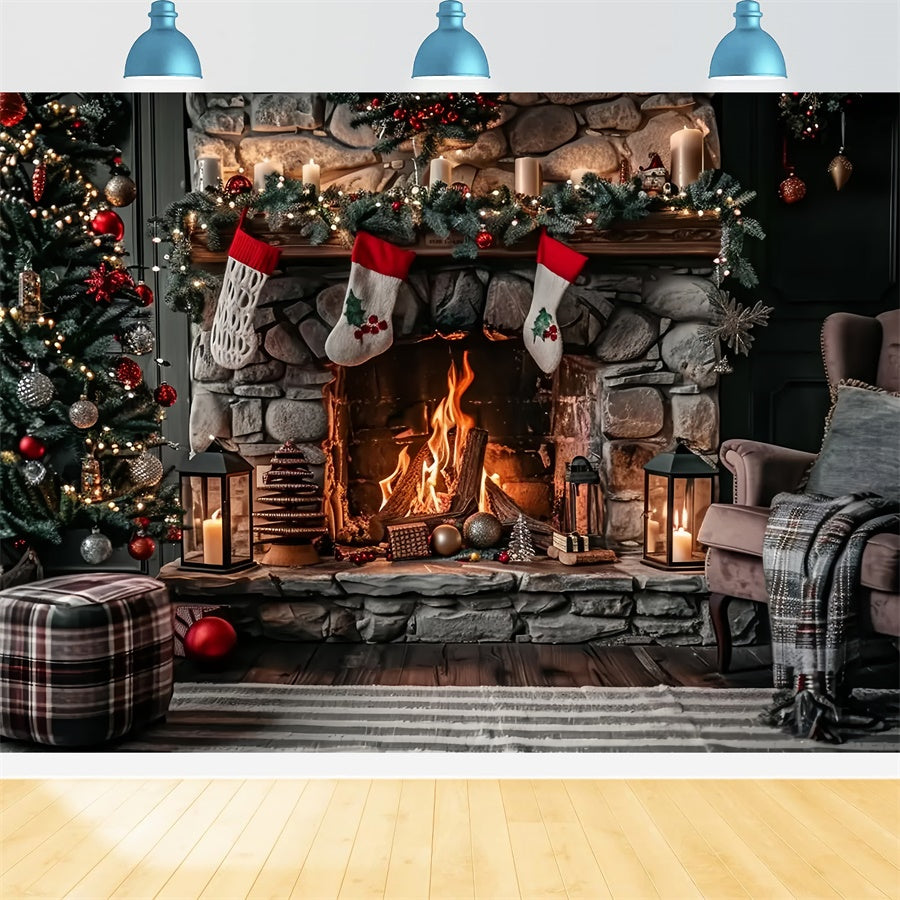 Toile de Fond Cheminée Rustique en Pierre avec Chaussettes de Noël BRP8-39