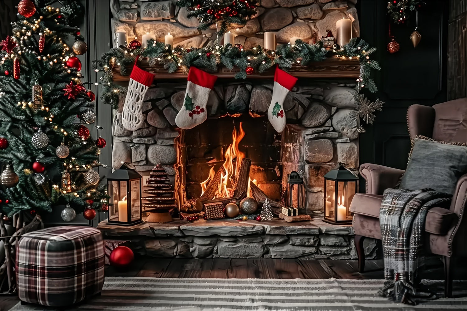 Toile de Fond Cheminée Rustique en Pierre avec Chaussettes de Noël BRP8-39