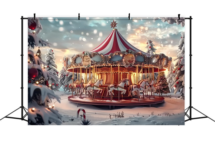 Toile de Fond Carrousel au Milieu des Pins Enneigés de Noël BRP8-68
