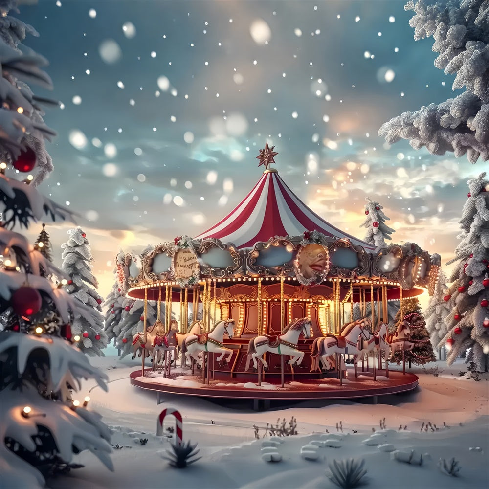 Toile de Fond Carrousel au Milieu des Pins Enneigés de Noël BRP8-68