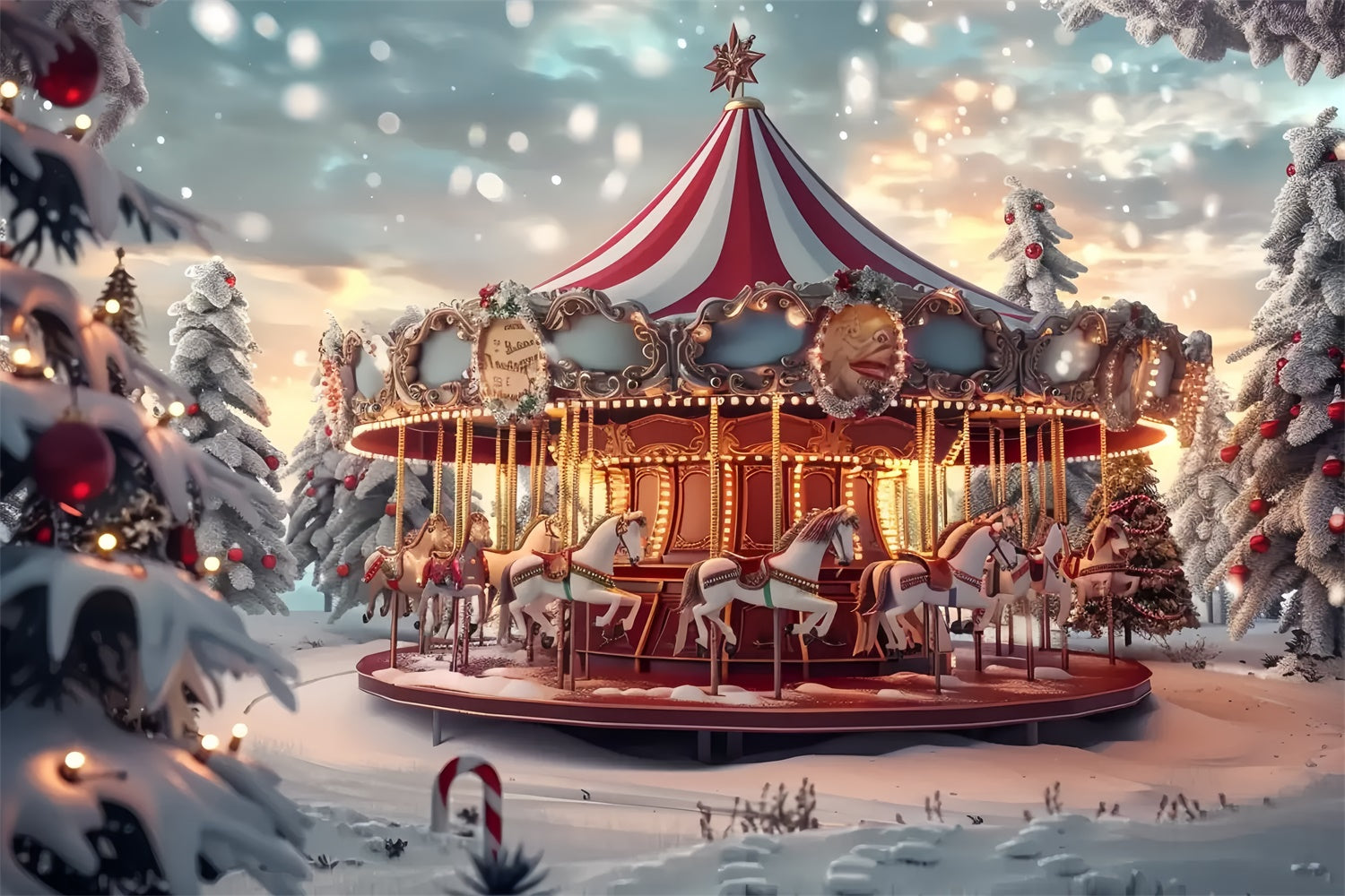 Toile de Fond Carrousel au Milieu des Pins Enneigés de Noël BRP8-68