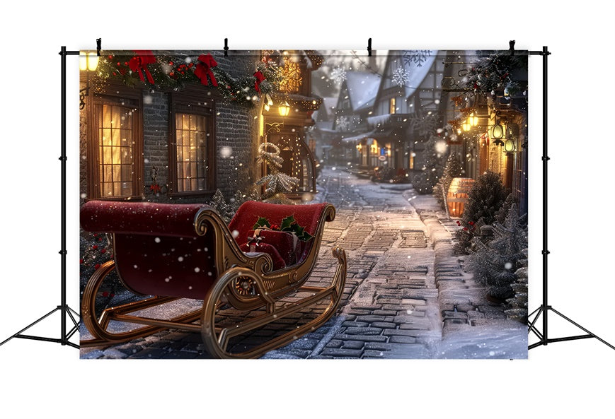 Toile de Fond Village avec Traîneau de Noël lors d'une Nuit Enneigée BRP8-71