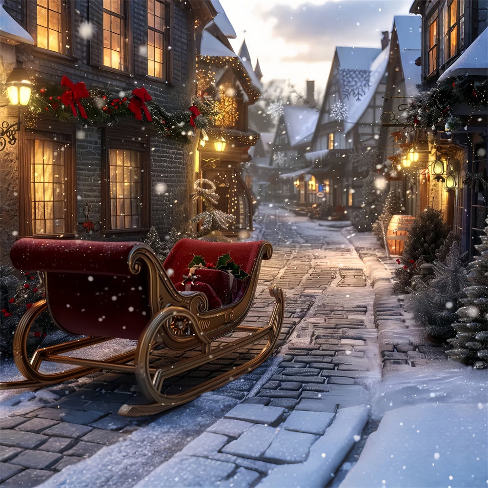 Toile de Fond Village avec Traîneau de Noël lors d'une Nuit Enneigée BRP8-71
