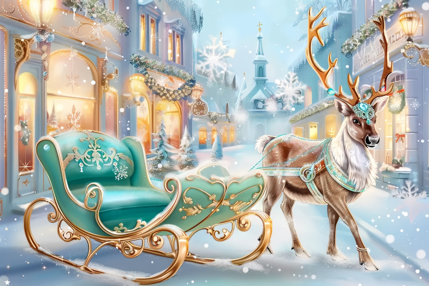 Toile de Fond Rennes Royaux et Traîneau en Ville de Noël BRP8-74