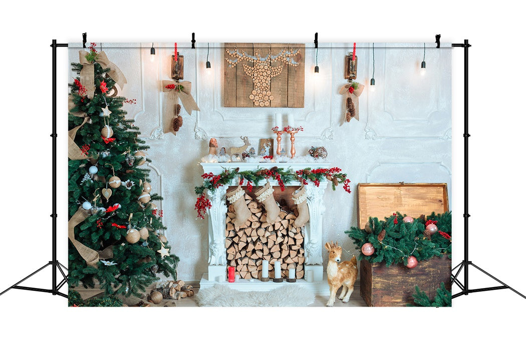 Toile de Fond Rustique de Cheminée avec Rennes de Noël BRP8-76