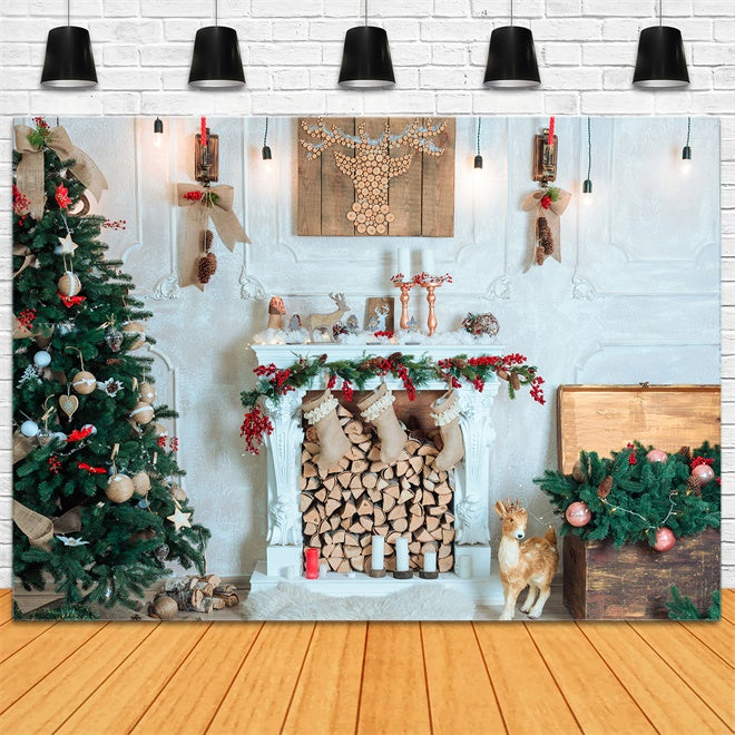 Toile de Fond Rustique de Cheminée avec Rennes de Noël BRP8-76