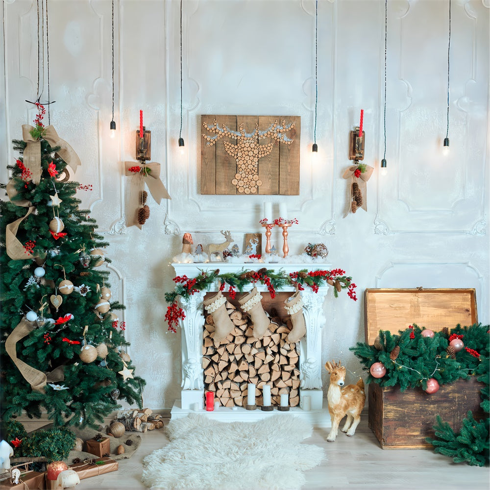 Toile de Fond Rustique de Cheminée avec Rennes de Noël BRP8-76