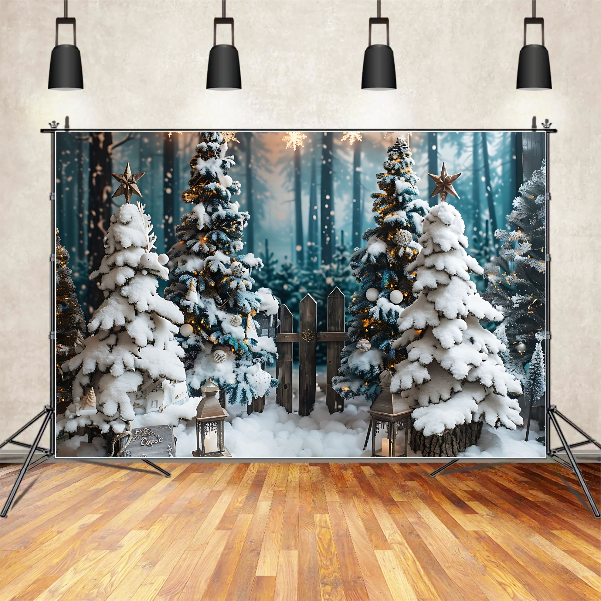 Toile de Fond Sapins Enneigés Illuminés par les Étoiles de Noël BRP8-96